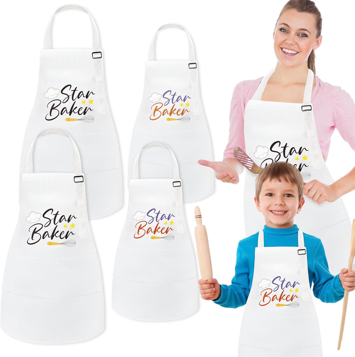Set 4 Delantales Ajustables con Bolsillos para Cocina y Pintura