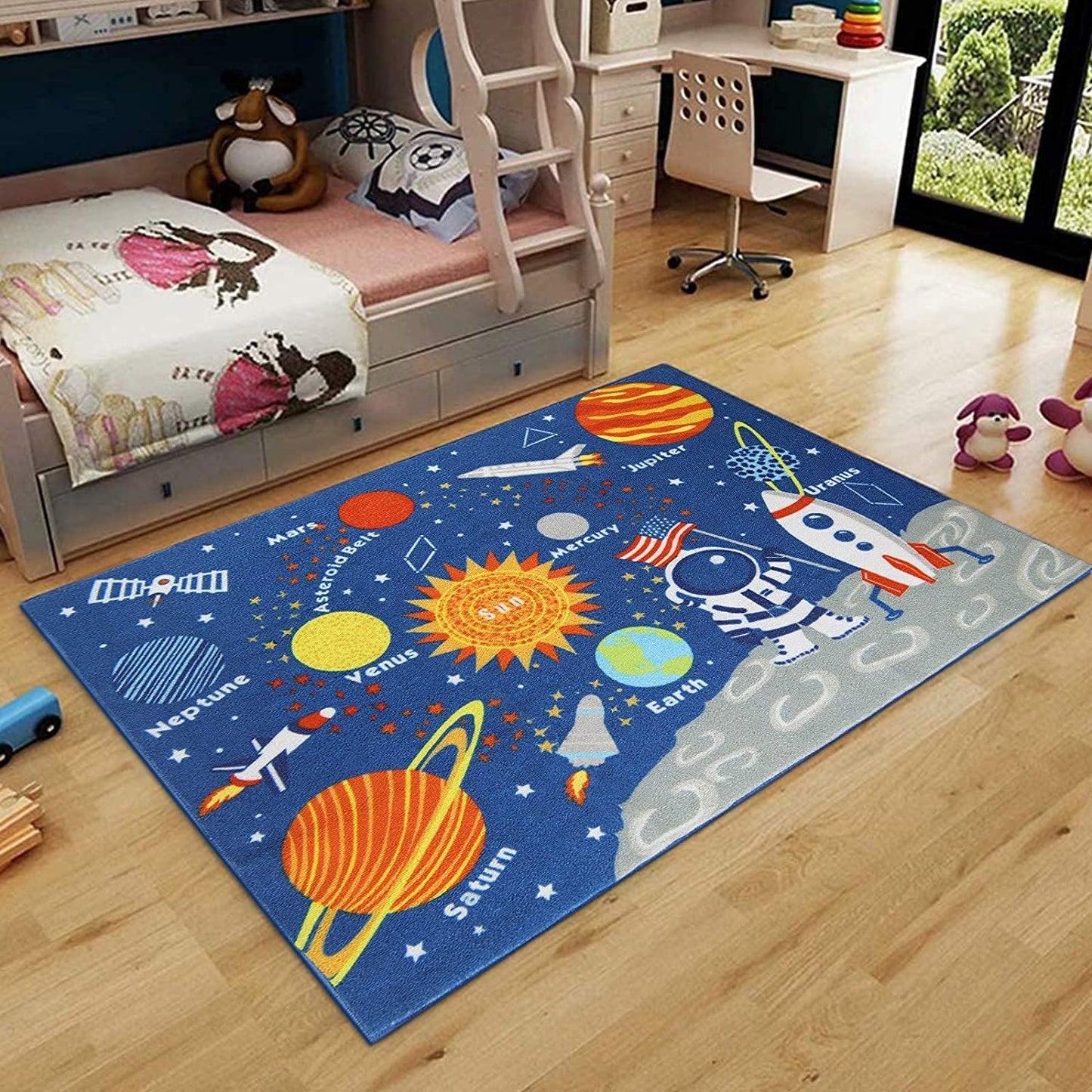 Alfombra educativa para niños con galaxia y planetas azul