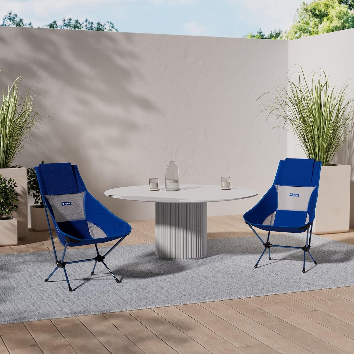 Silla camping plegable respaldo alto azul con bolsillos
