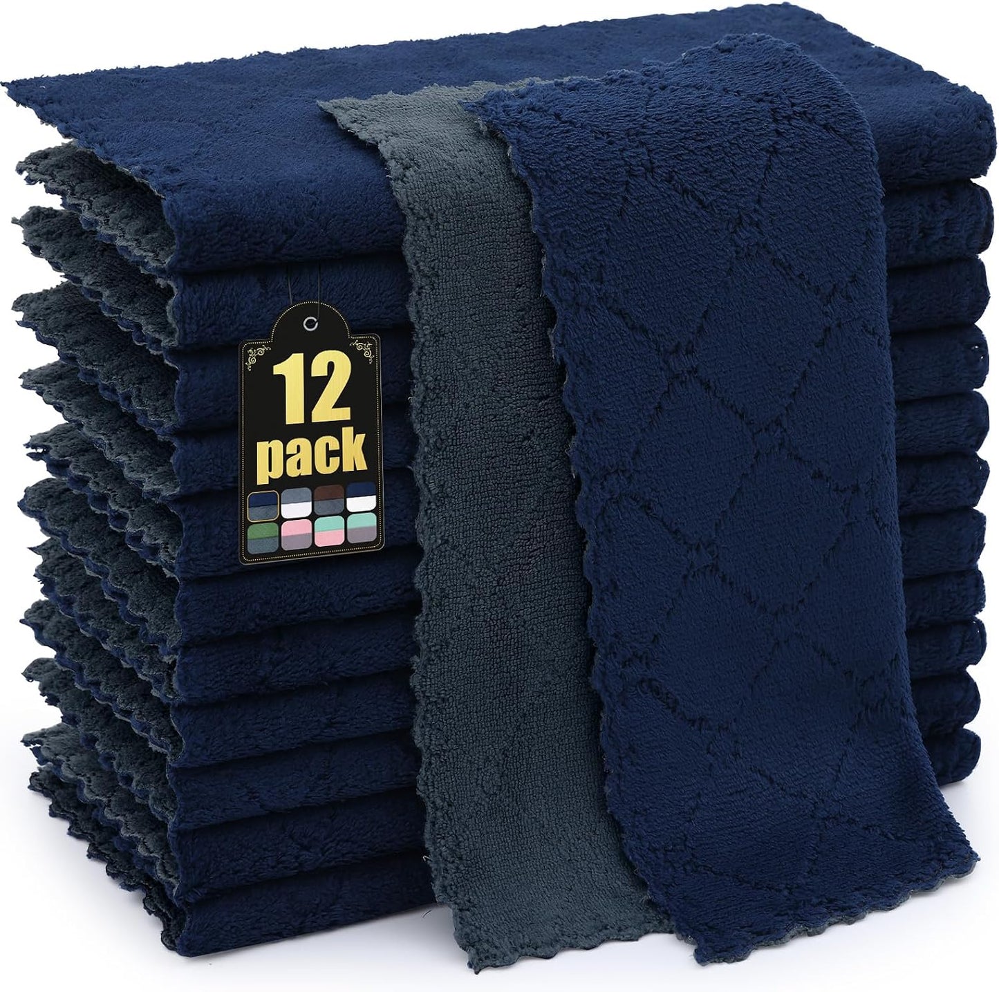 12 Pzas Paños Microfibra Platos 10x10pulg Gris Oscuro y Azul