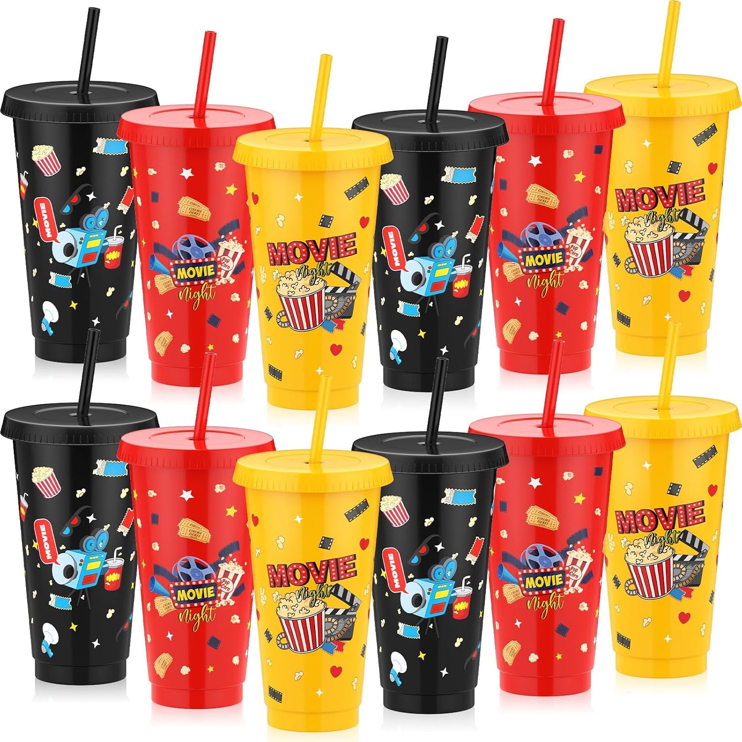 12 Vasos Plástico Reutilizables 24oz con Tapas Pajilla Fiesta