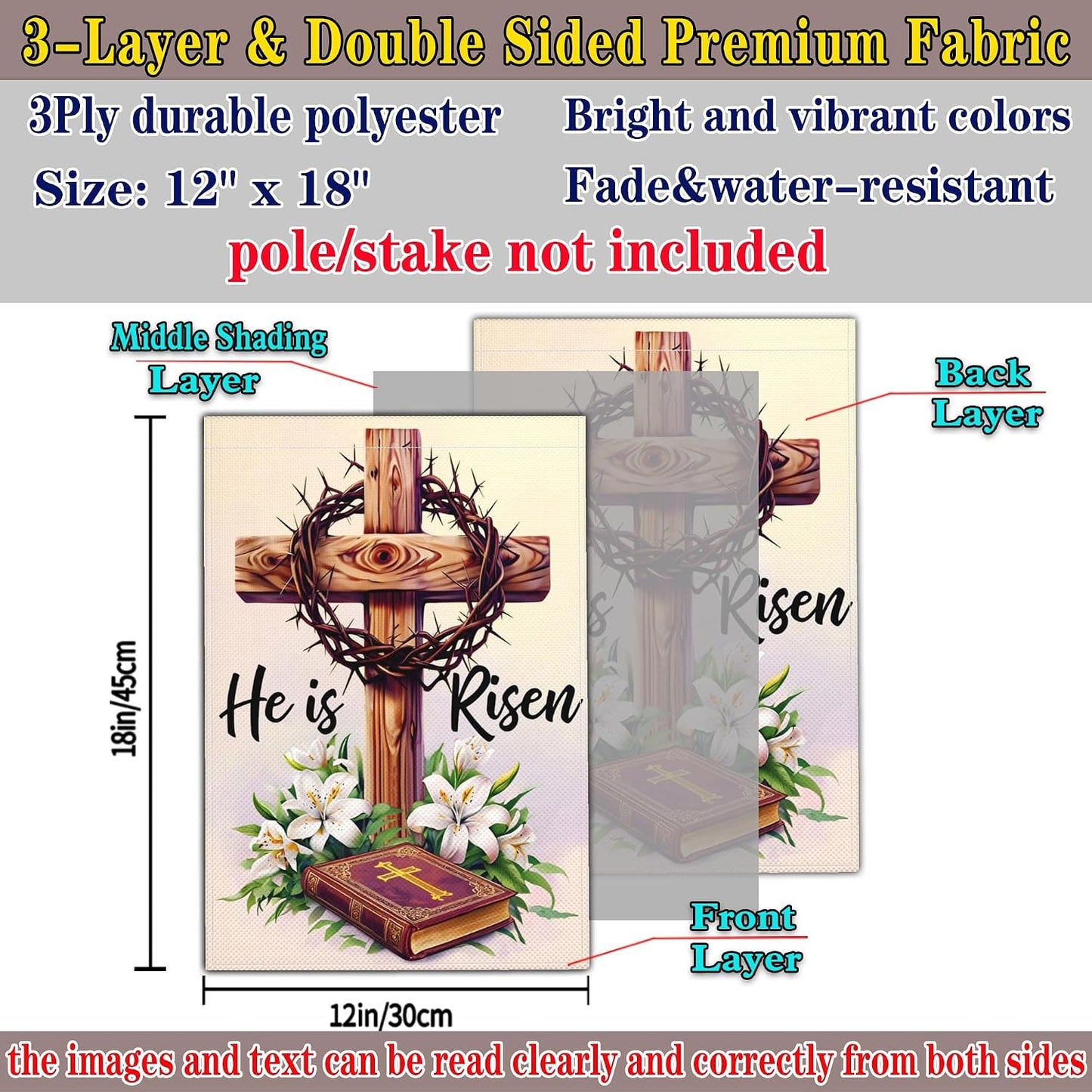 Bandera jardín doble cara 12x18pulg texto 'he is risen'