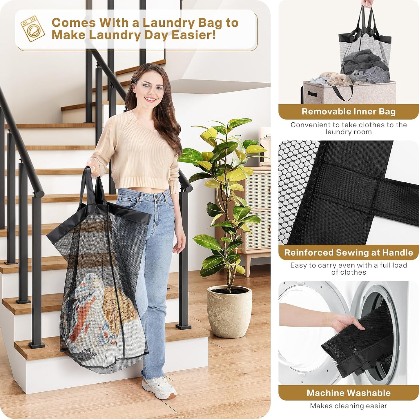 Cesta lavandería doble plegable con tapa y bolsas extraíbles