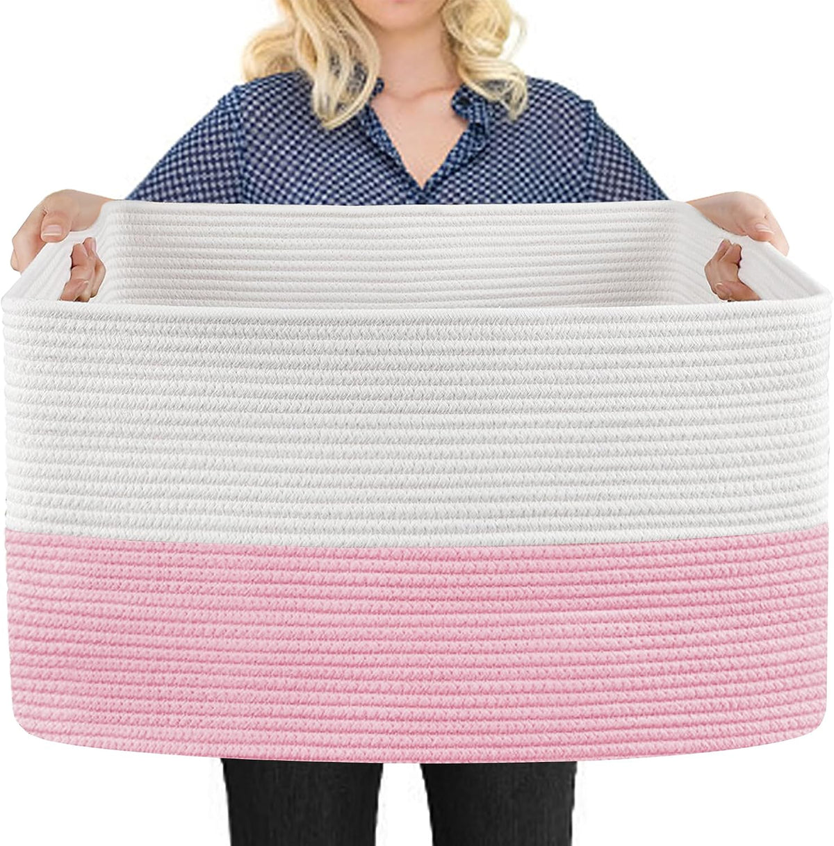 Cesta almacenamiento rosa 22x17x12pulg cuerda algodón sala