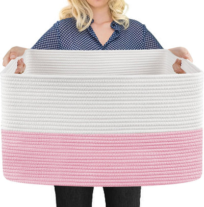 Cesta almacenamiento rosa 22x17x12pulg cuerda algodón sala