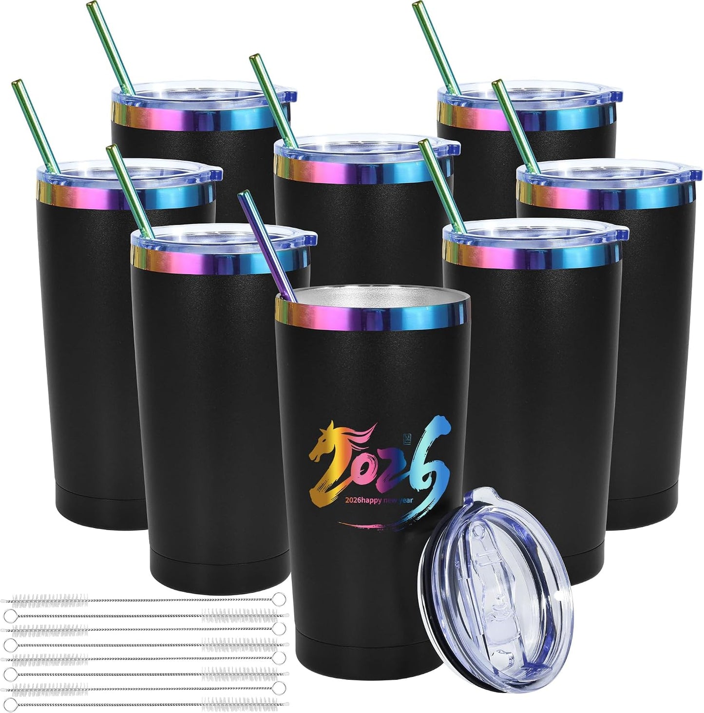 8 Vases Acero Inox Aislados 20oz con Tapa y Popote