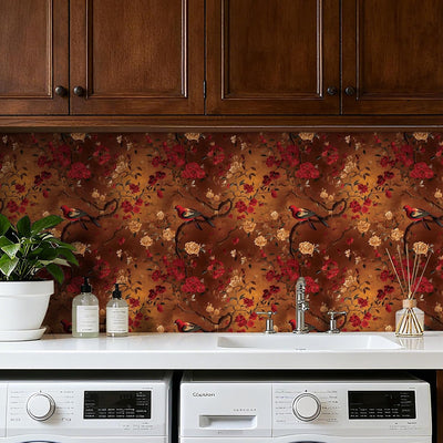 Papel tapiz cocina 17.5x276pulg diseño pájaros flores rojas