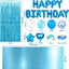 Letrero Feliz Cumpleaños cortina rosa mantel globos confeti azul
