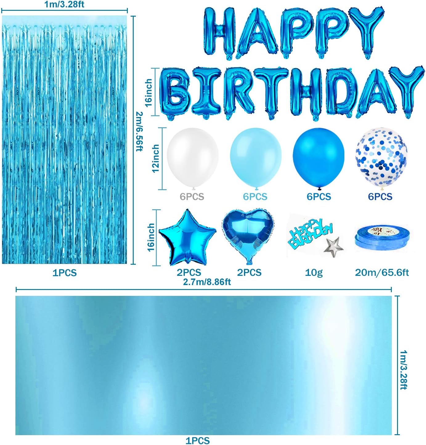 Letrero Feliz Cumpleaños cortina rosa mantel globos confeti azul