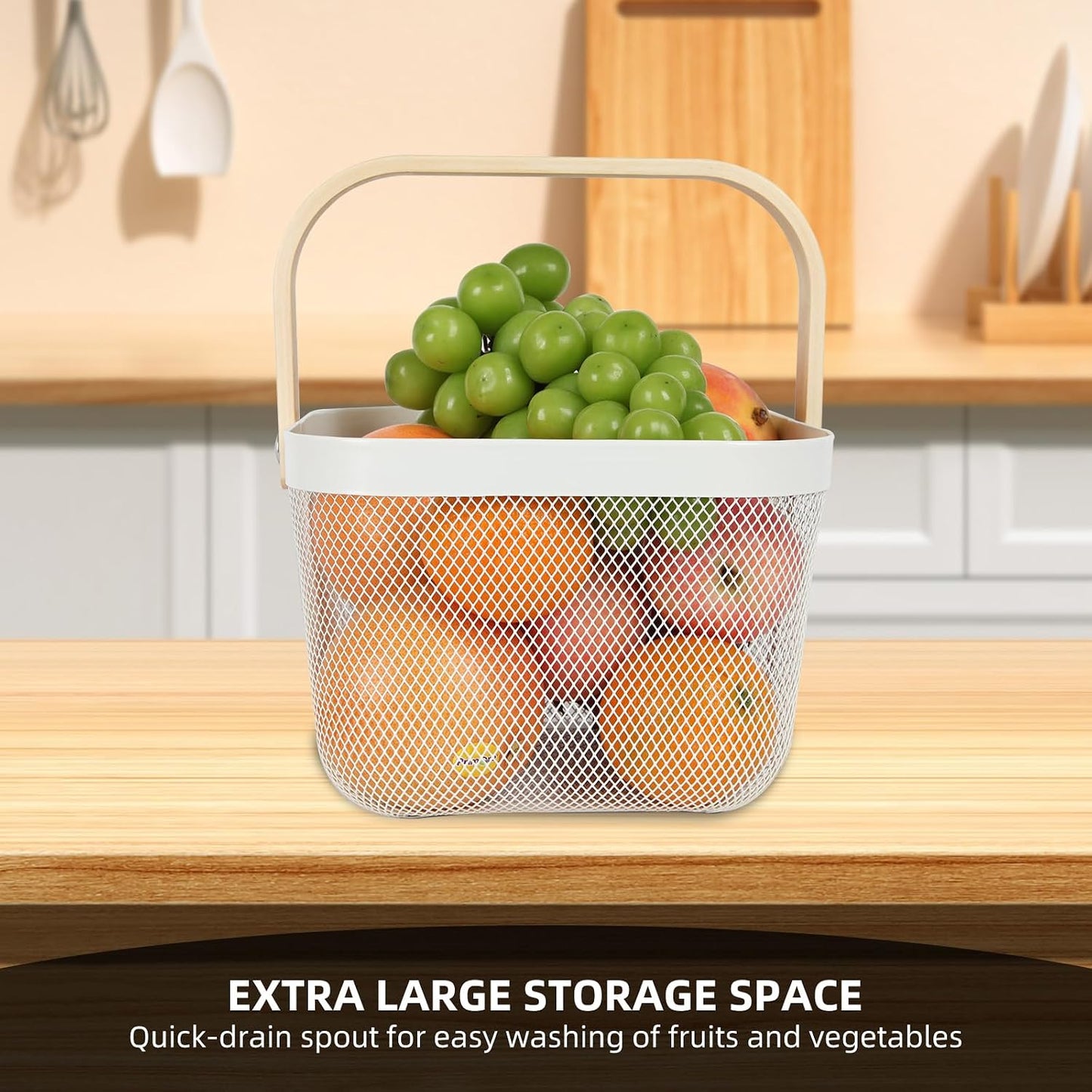 Cesta de acero malla mango madera para jardín cocina baño