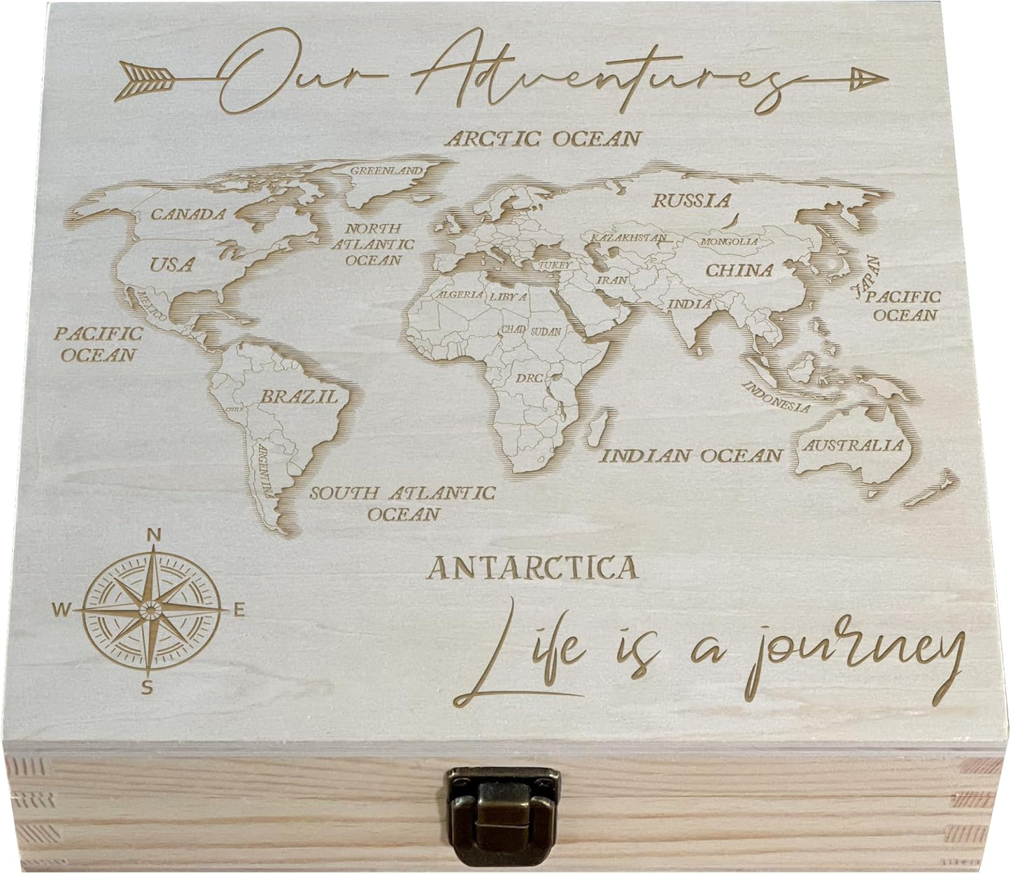 Caja recuerdos viaje madera 8.5x8x2.5" diseño mapa