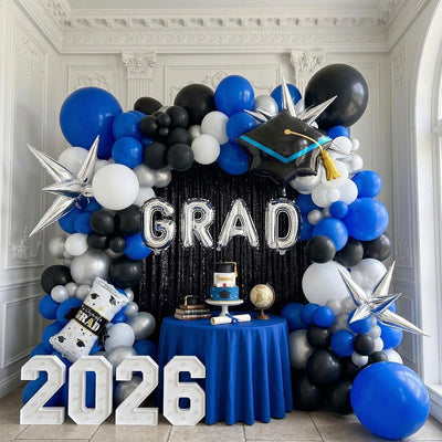 Kit globos 110pzas azul real negro blanco plateado fiesta