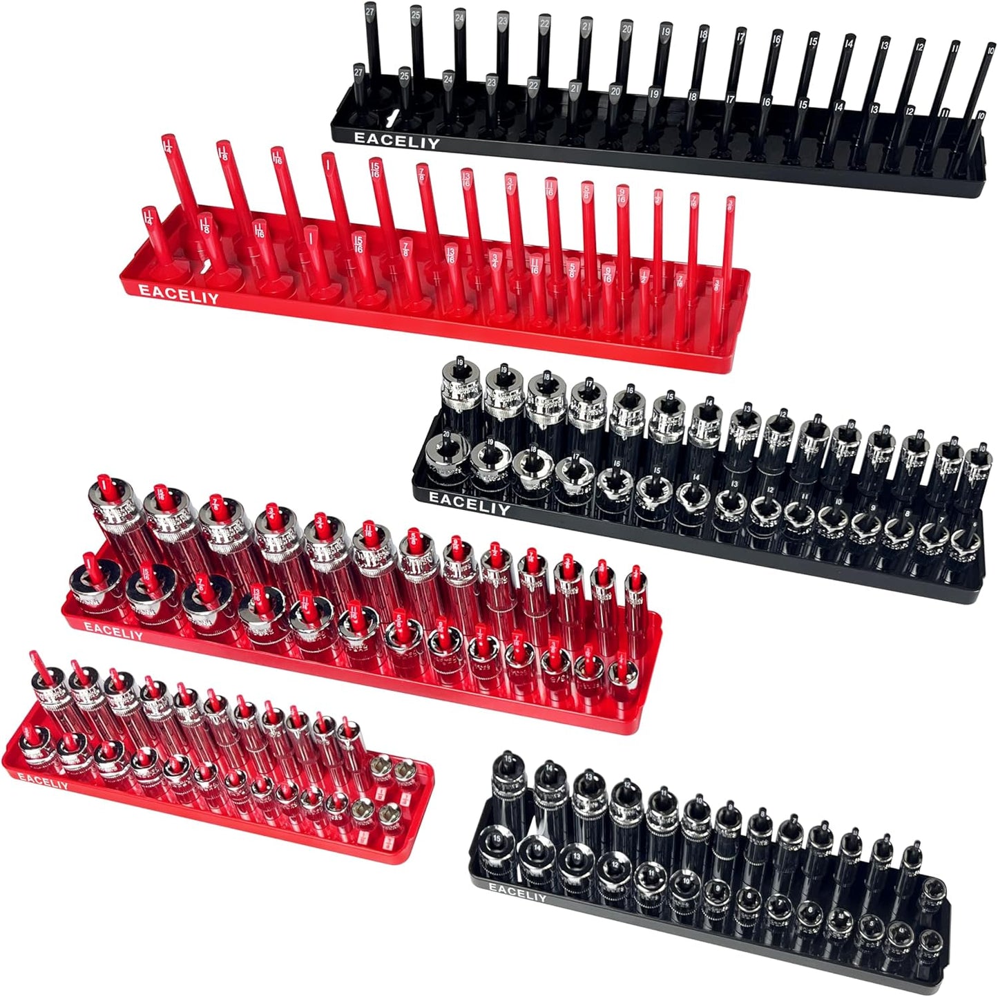 Set 6 bandejas enchufes 1/2 1/4 3/8 y soporte cajas herramientas