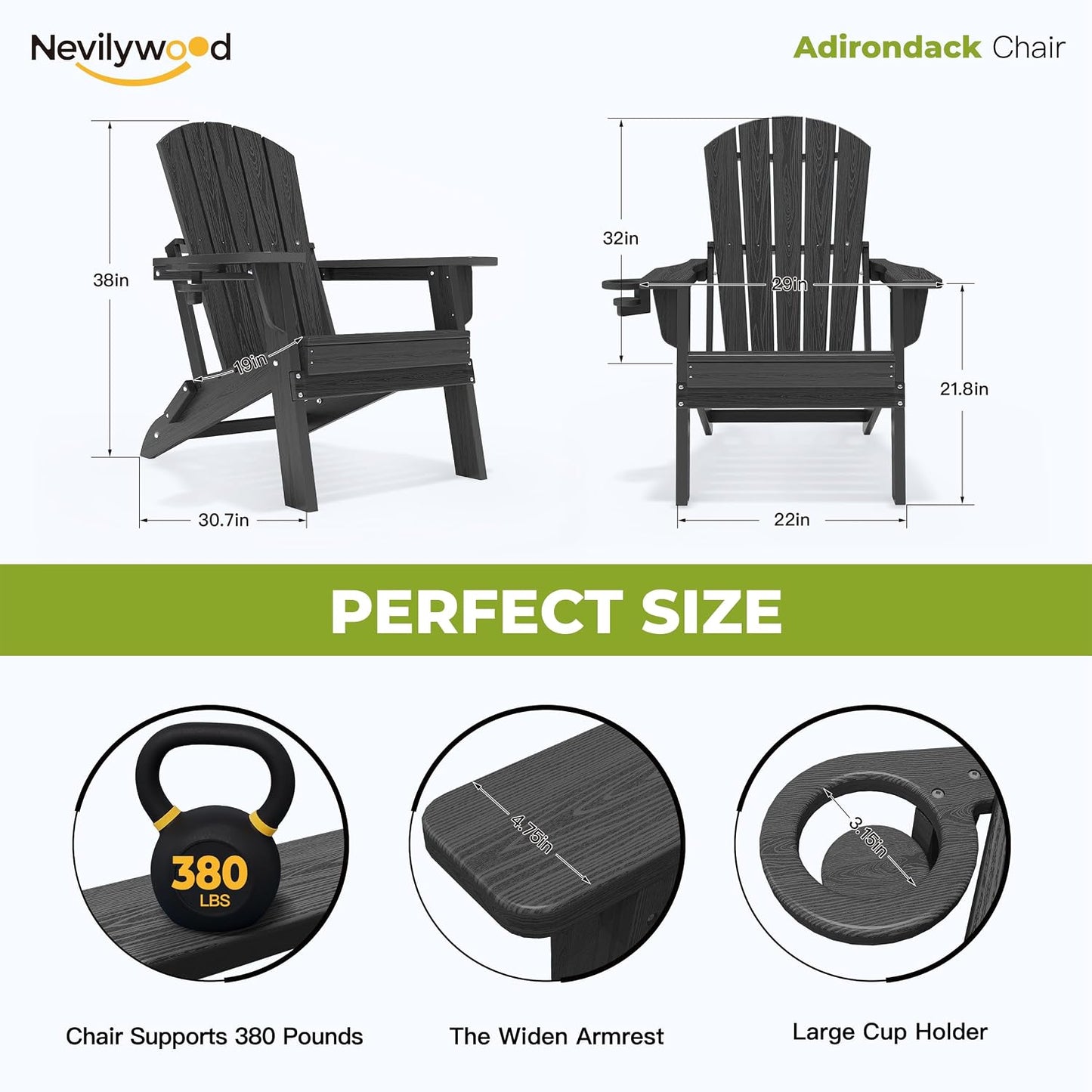 Silla Adirondack plegable ergonómica HDPE negro para patio