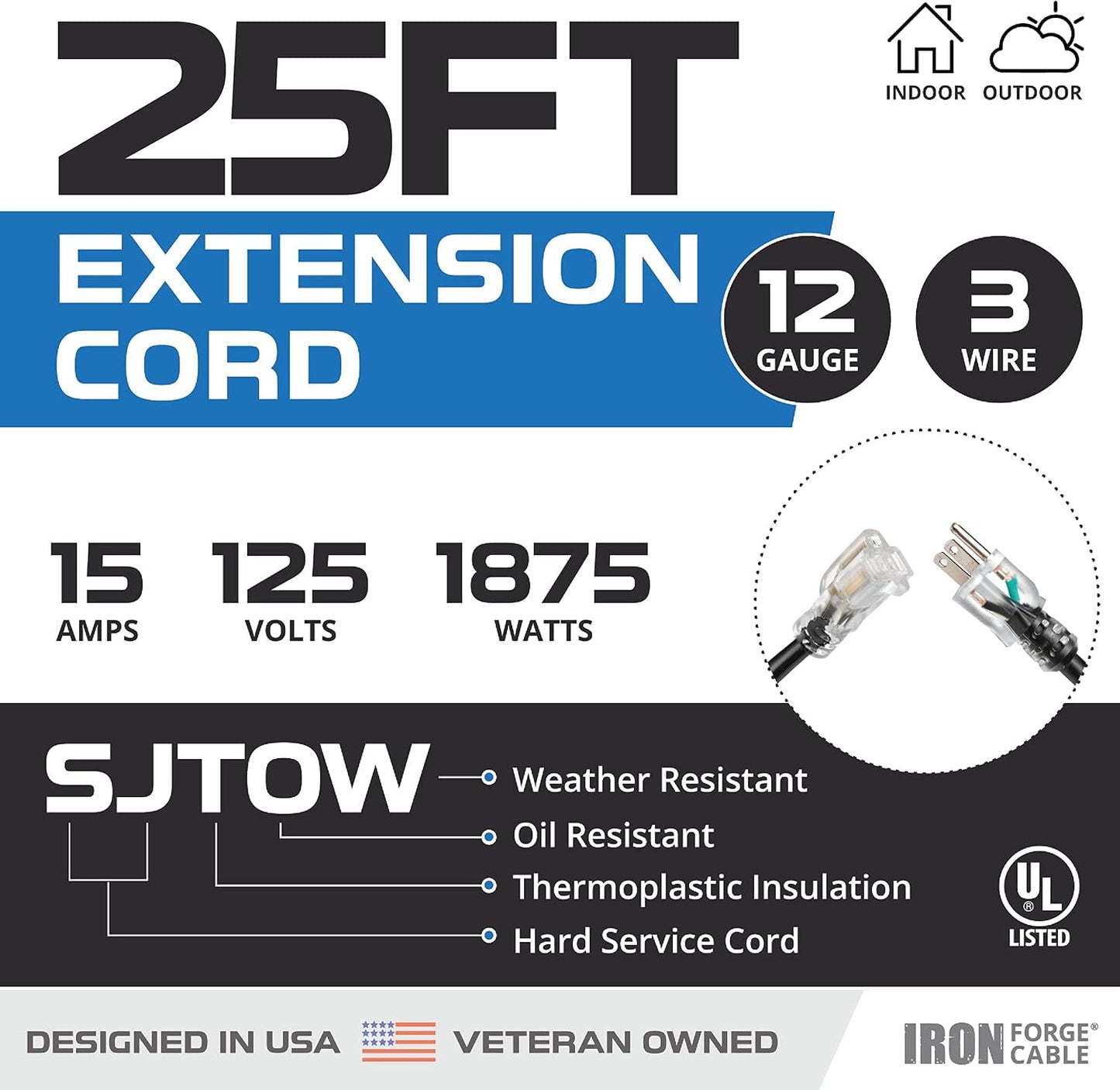 Cable extensión exterior 12/3 25pies resistente ignífugo