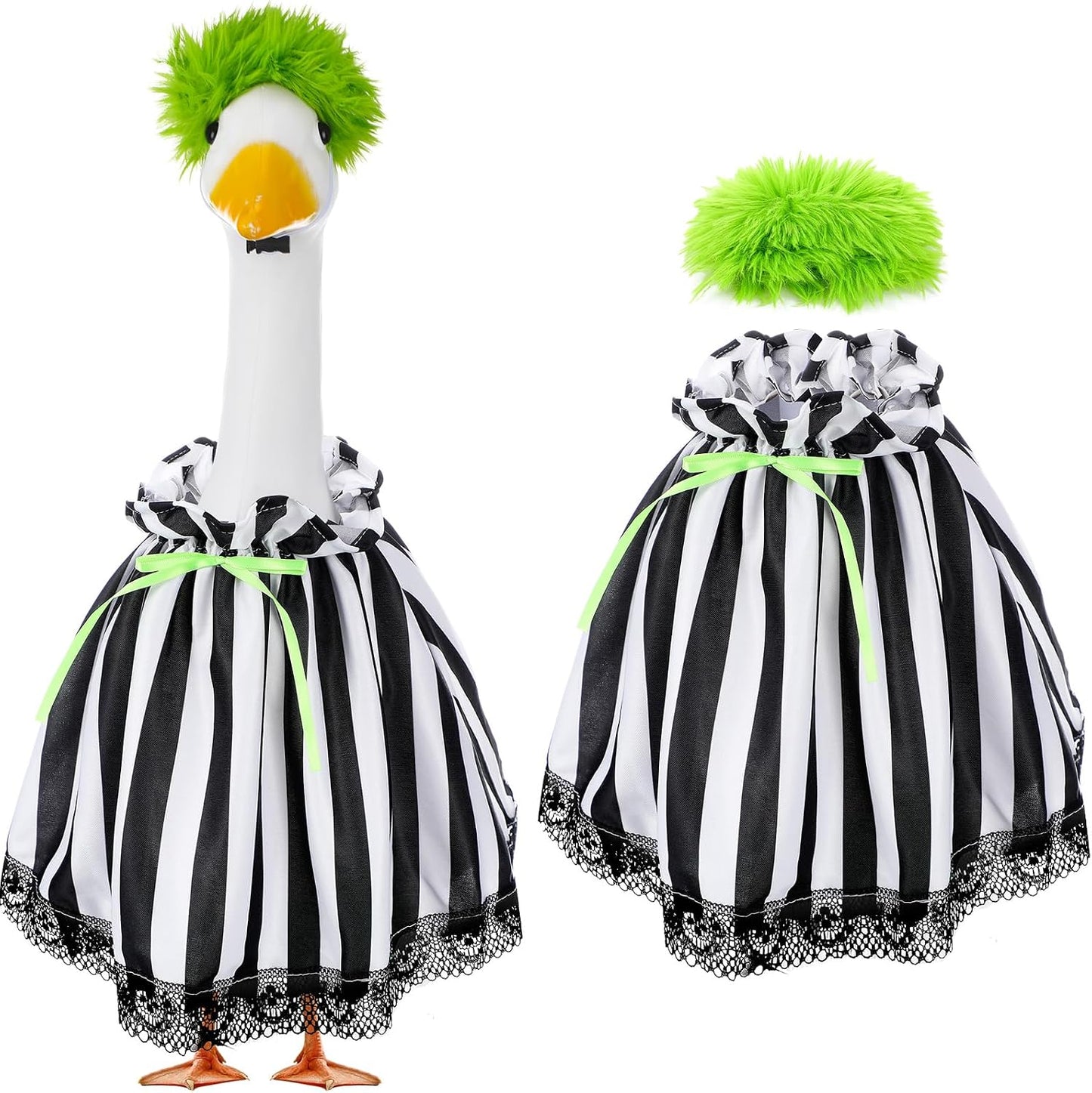 Disfraz ganso Halloween capa rayas blancas y negras gorro verde