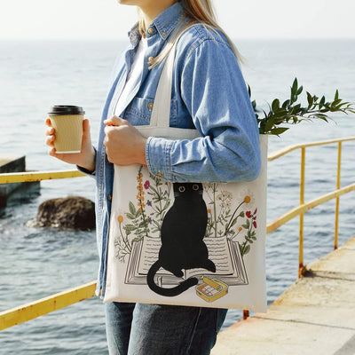 4 bolsas lona mujer diseño gato negro reutiliz.