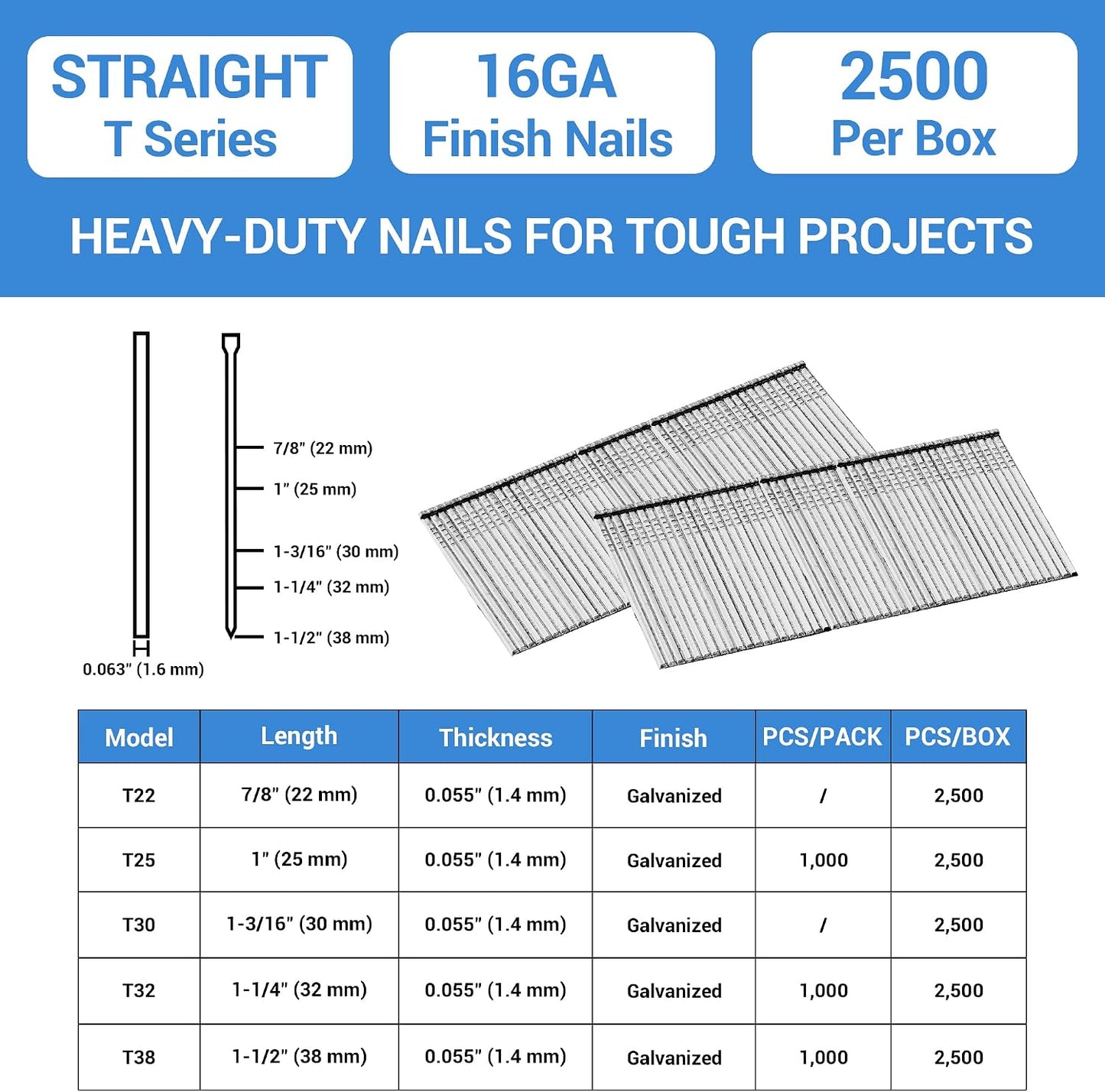 Uñas galvanizadas 1-1/2pulg 16GA 2500uds carpintería
