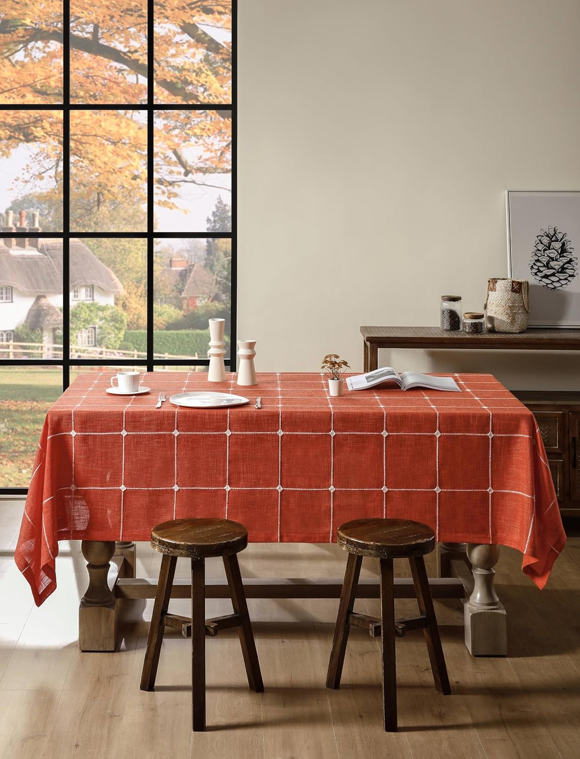 Mantel cuadros naranja 60x104pulg lino pesado estilo campo