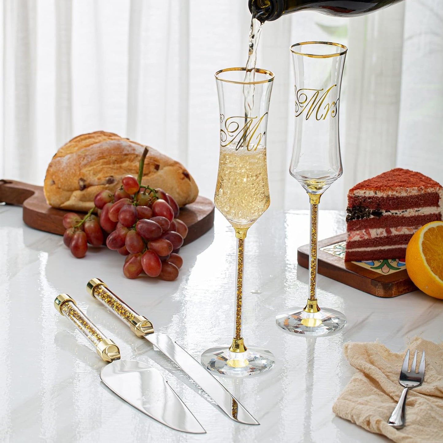 Set cuchillo servidor pastel boda con copas mr y champagne