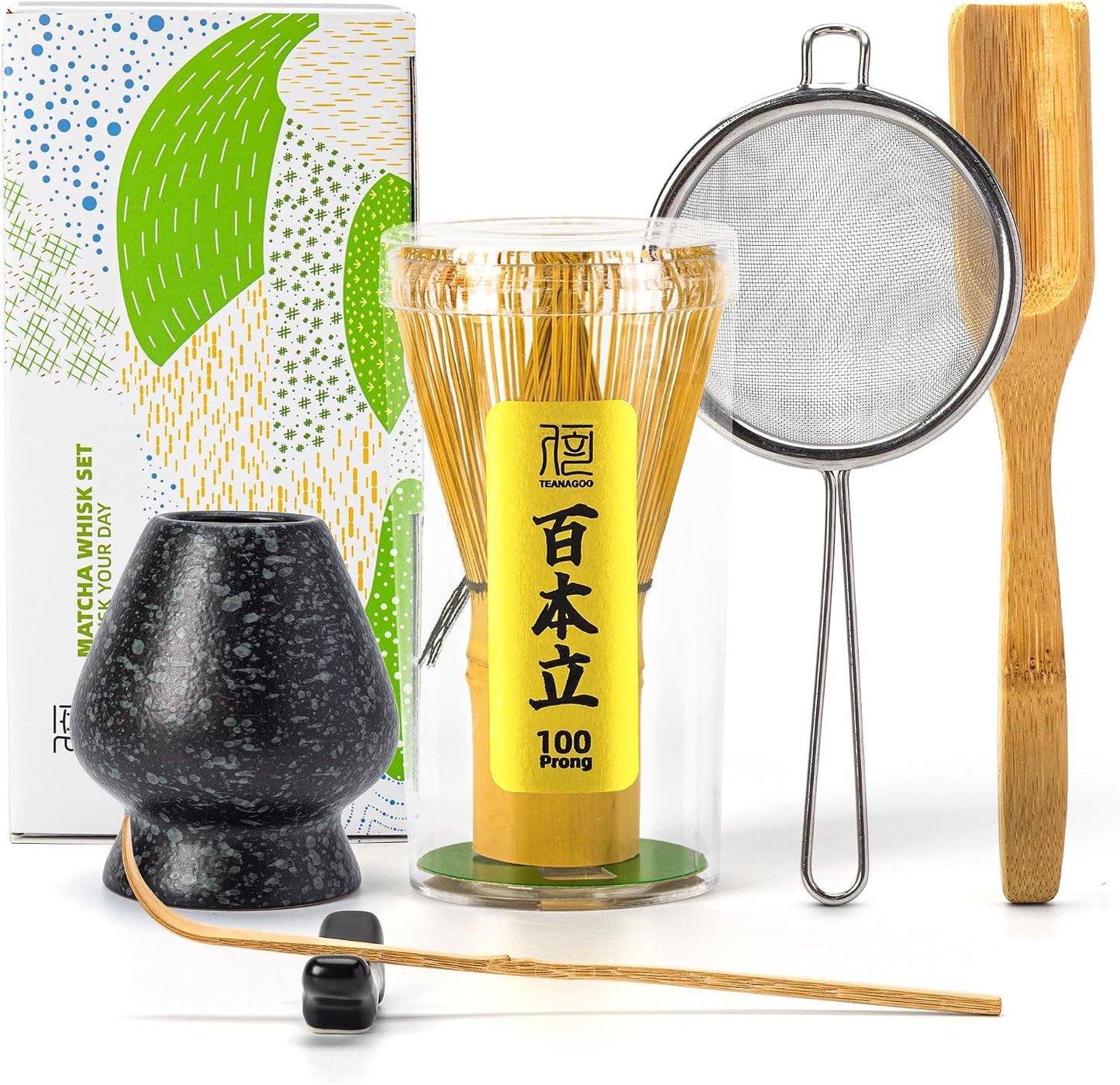 Set 6 Pzas Batidor Matcha Bambú con Soporte Negro