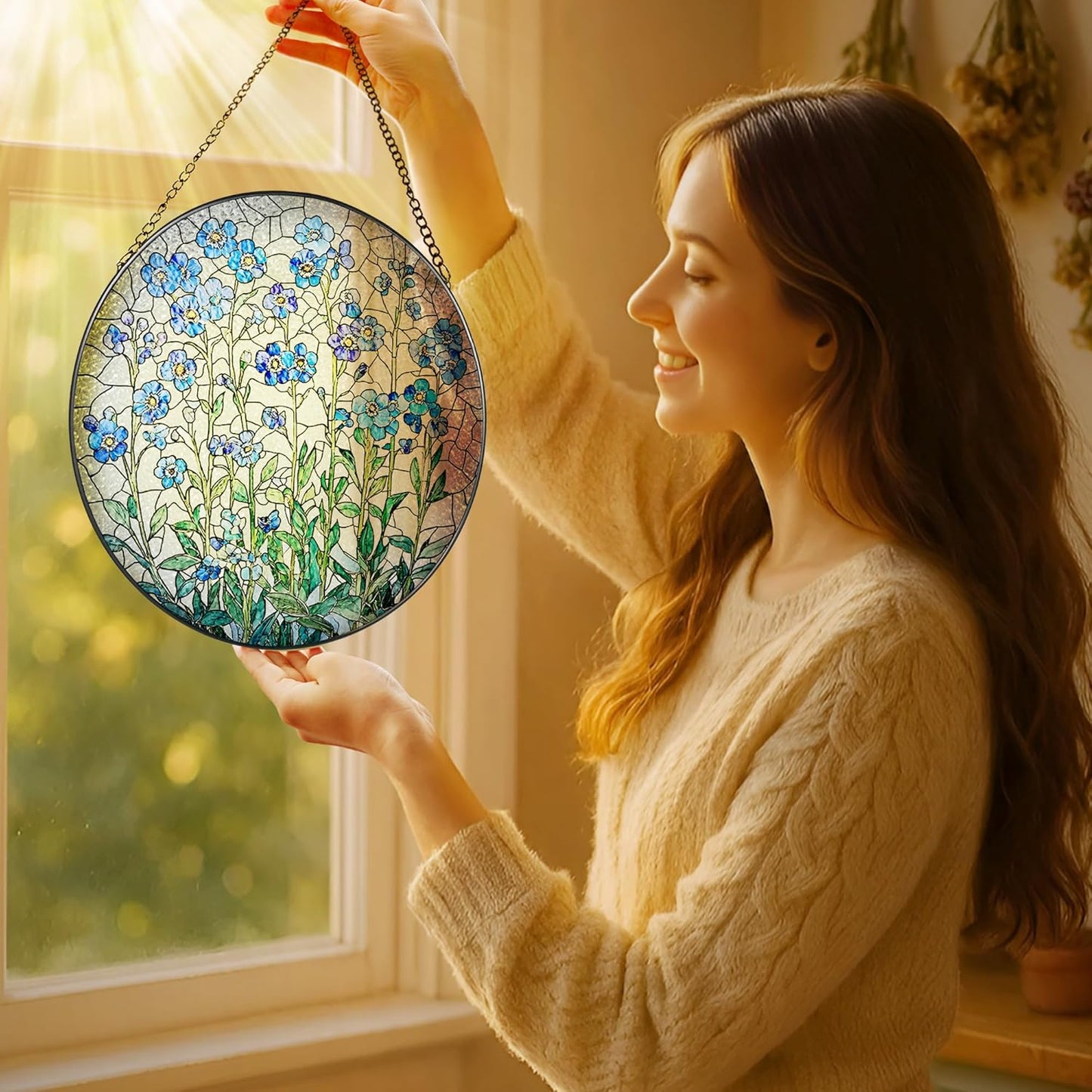 Colgante Vidrio 20.32cm Vitral Flores No Me Olvides