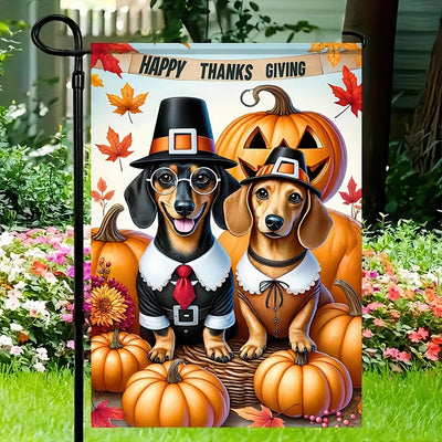 Bandera jardín perro salchicha 12x18pulg doble cara otoño calabaza