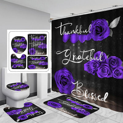 Juego 4 cortinas ducha con rosas moradas y alfombra antideslizante