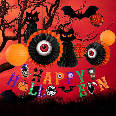Juego 11 Pzas Faroles Halloween Gato Negro Murciélago 6-12pulg