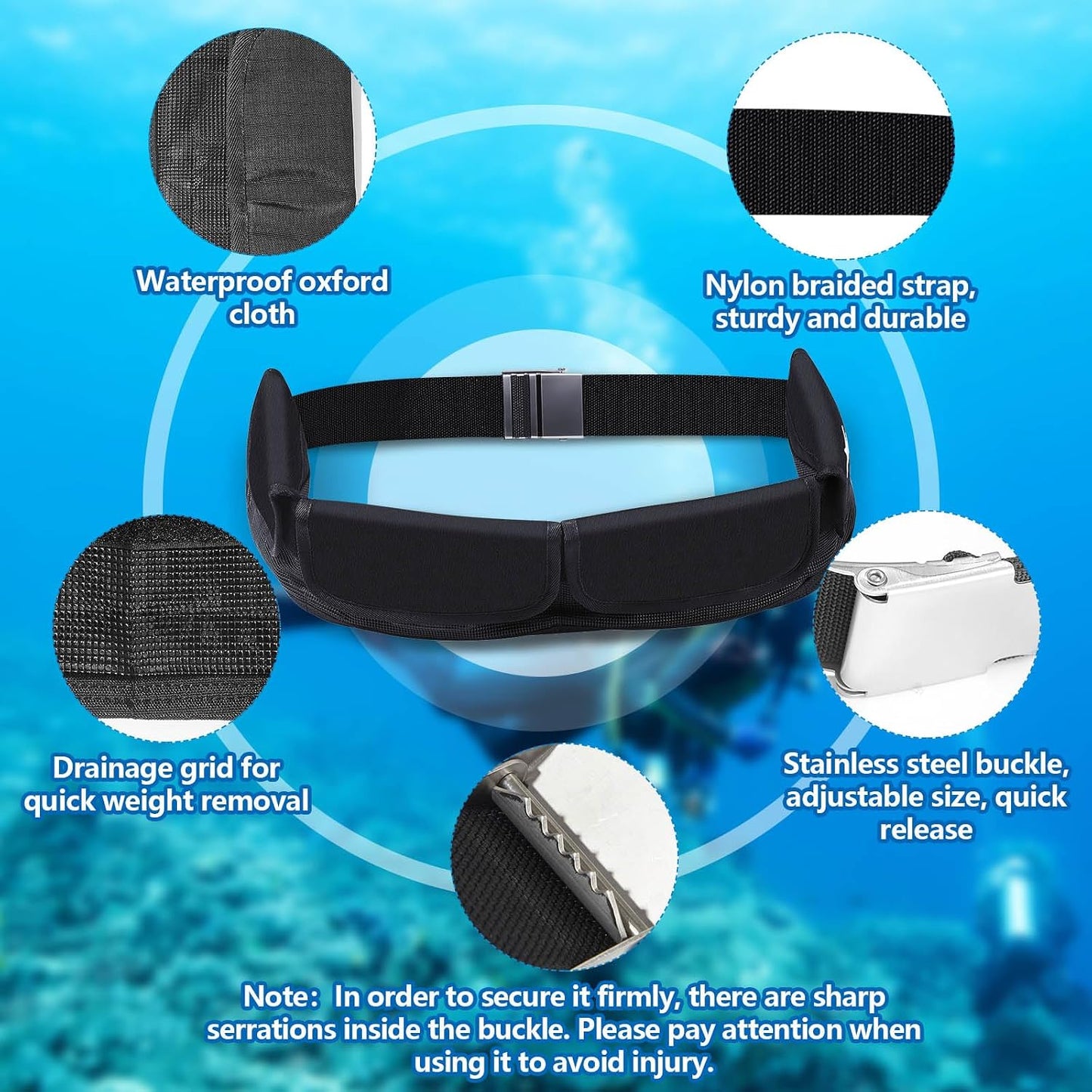 4 Cinturones Buceo 2.2lb con Bolsillos Cremallera Metal