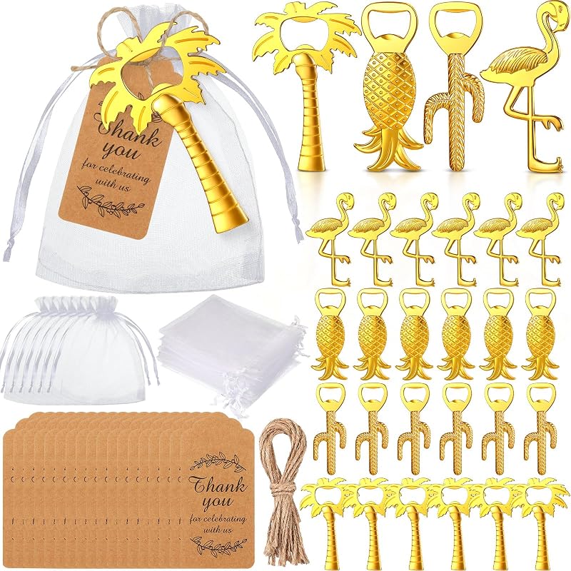 Set 24 abrebotellas dorado tema hawaiano con bolsa organza