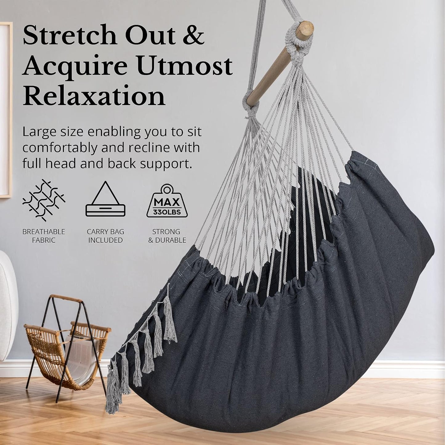 Silla hamaca macramé 60x47" lona algodón 2 cojines