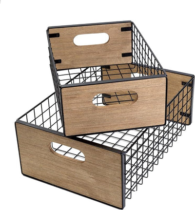Cesta alambre madera asas juego 2 para almacenamiento cocina baño