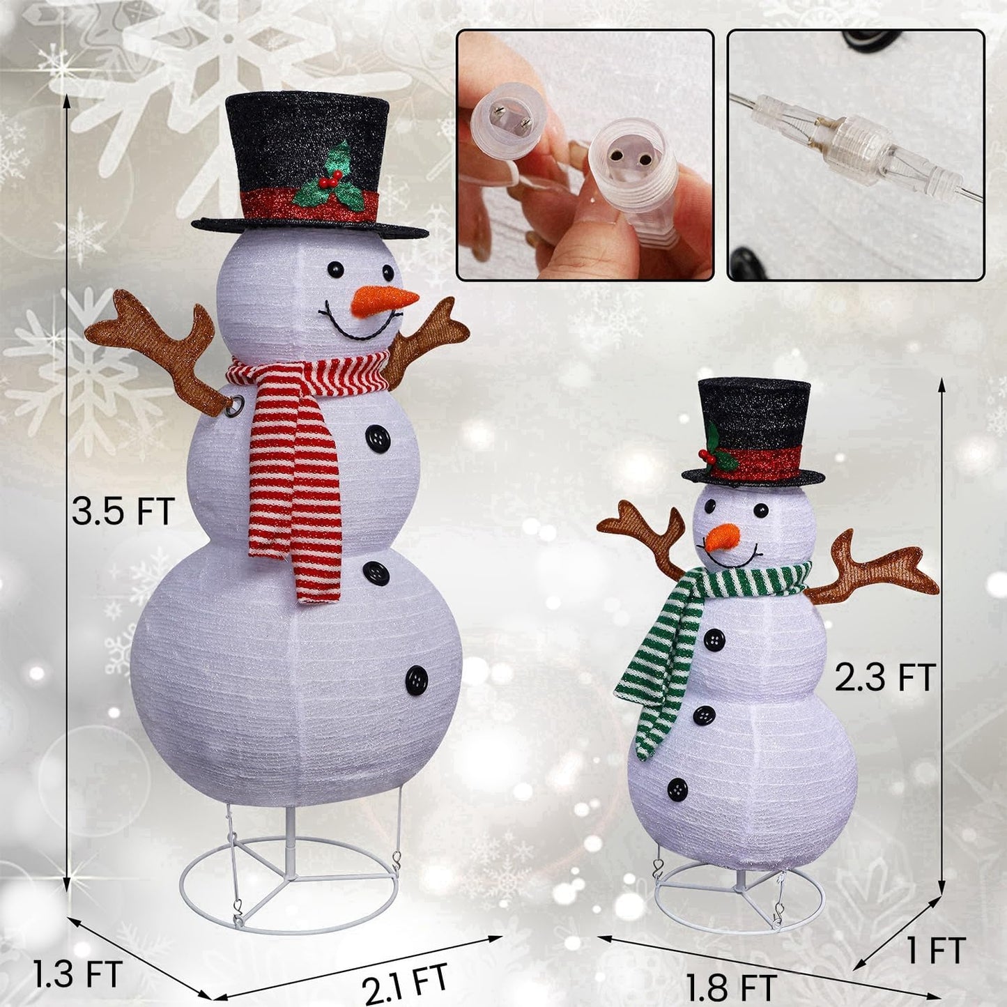 2 Muñecos Nieve Blancos Plegables con Luces LED Exteriores