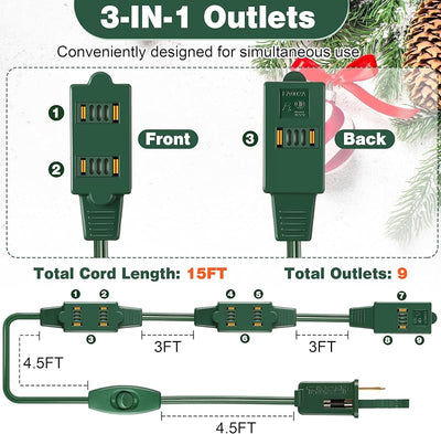 Pack 2 Cables Extensión 15ft 9 Salidas Con Interruptor