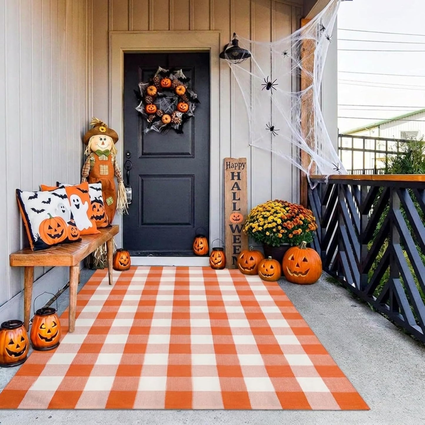 Alfombra algodón cuadros naranja 4x6ft puerta exterior