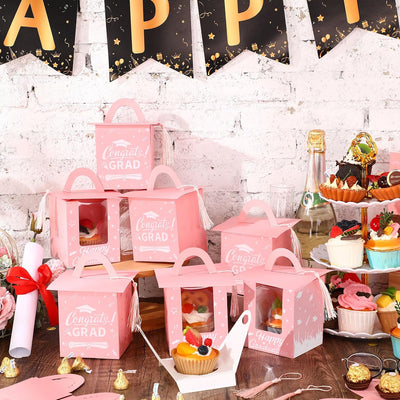 30 Cajas Cupcakes Graduación con Ventana y Borla Rosa