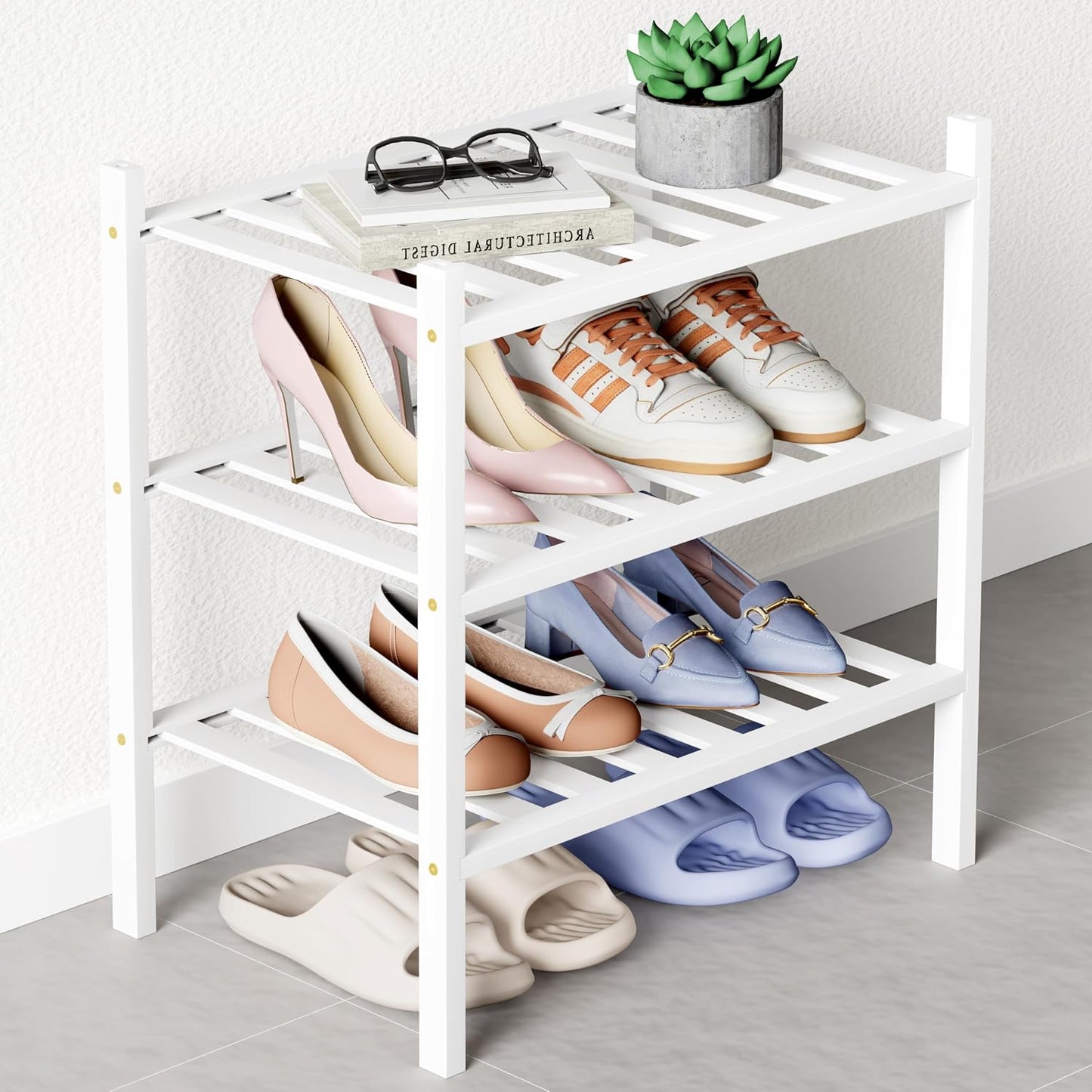 Zapatero bambú apilable 3 niveles color blanco