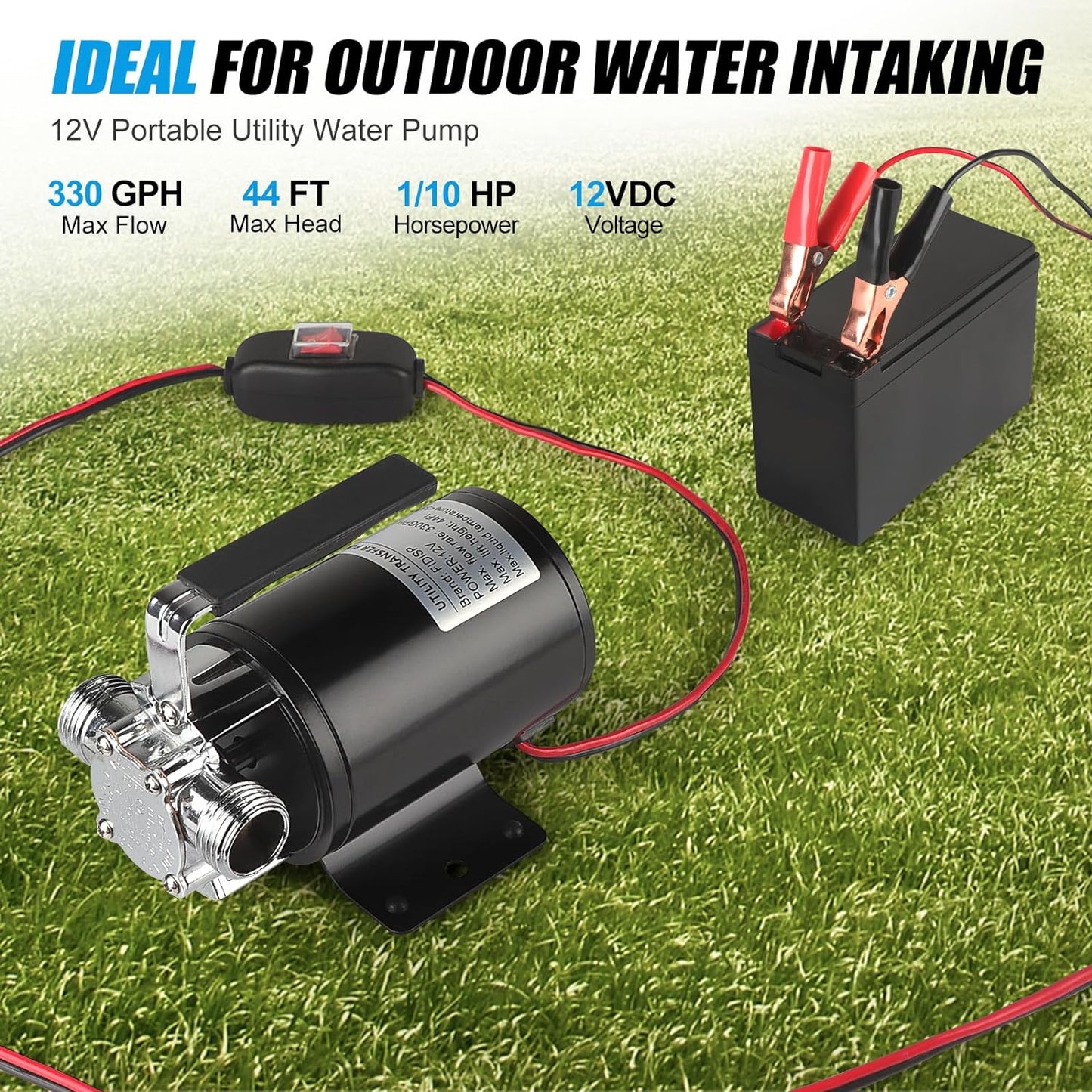 Bomba agua 12V 330GPH 1/10HP con manguera 2x6pies
