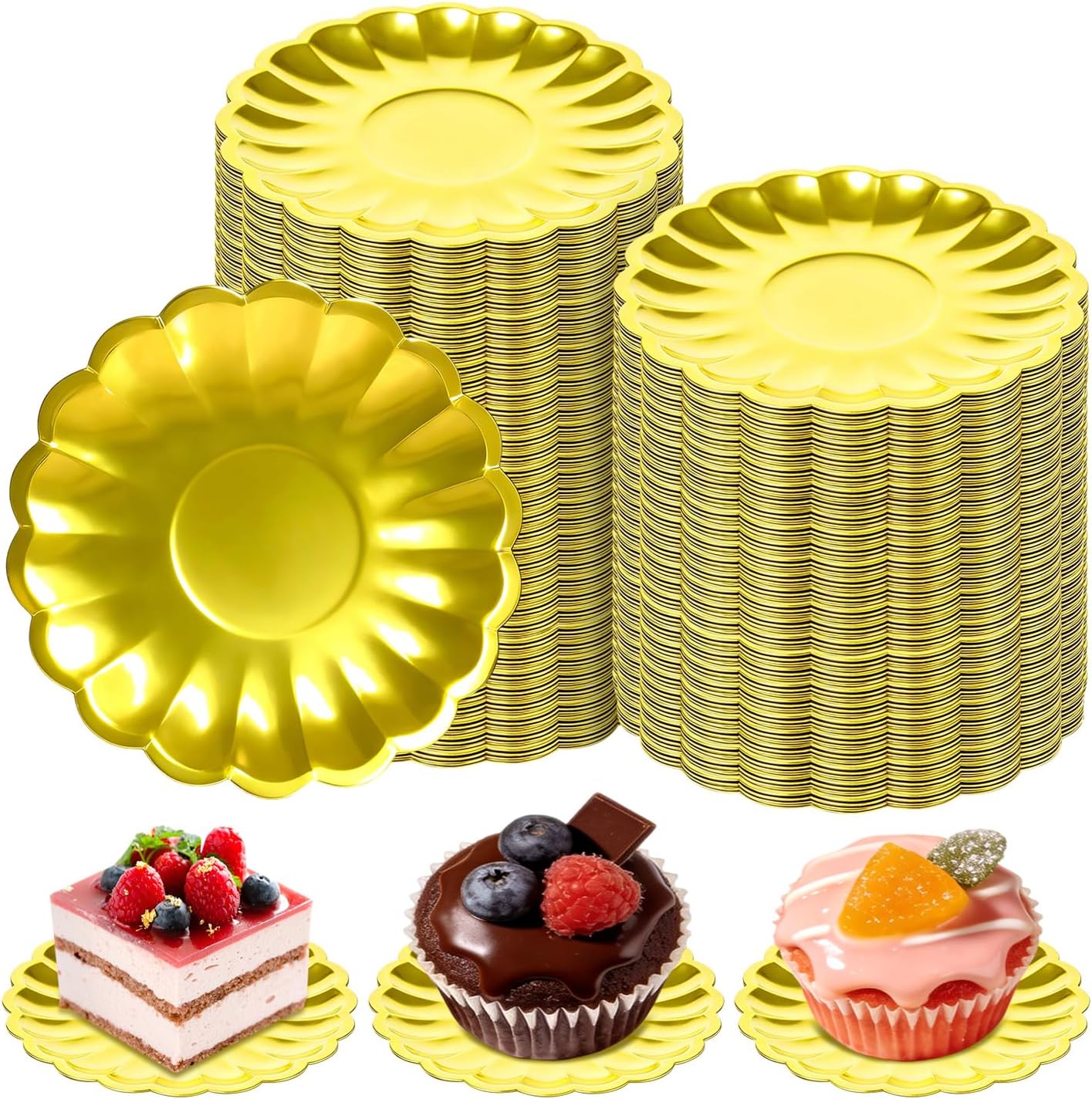 100 mini platos de postre para cupcakes 3.5 pulgadas dorados