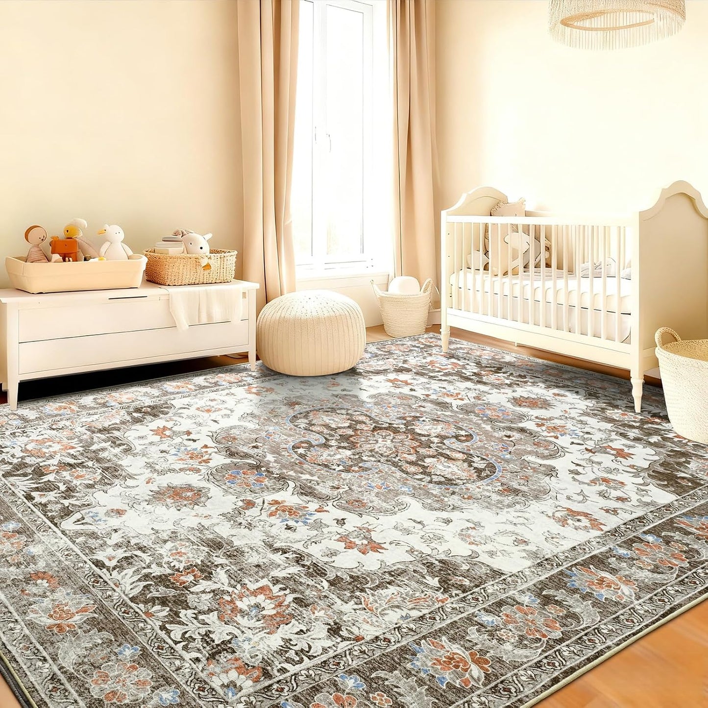 Alfombra sala 5x7ft lavable antiderrap vintage marrón