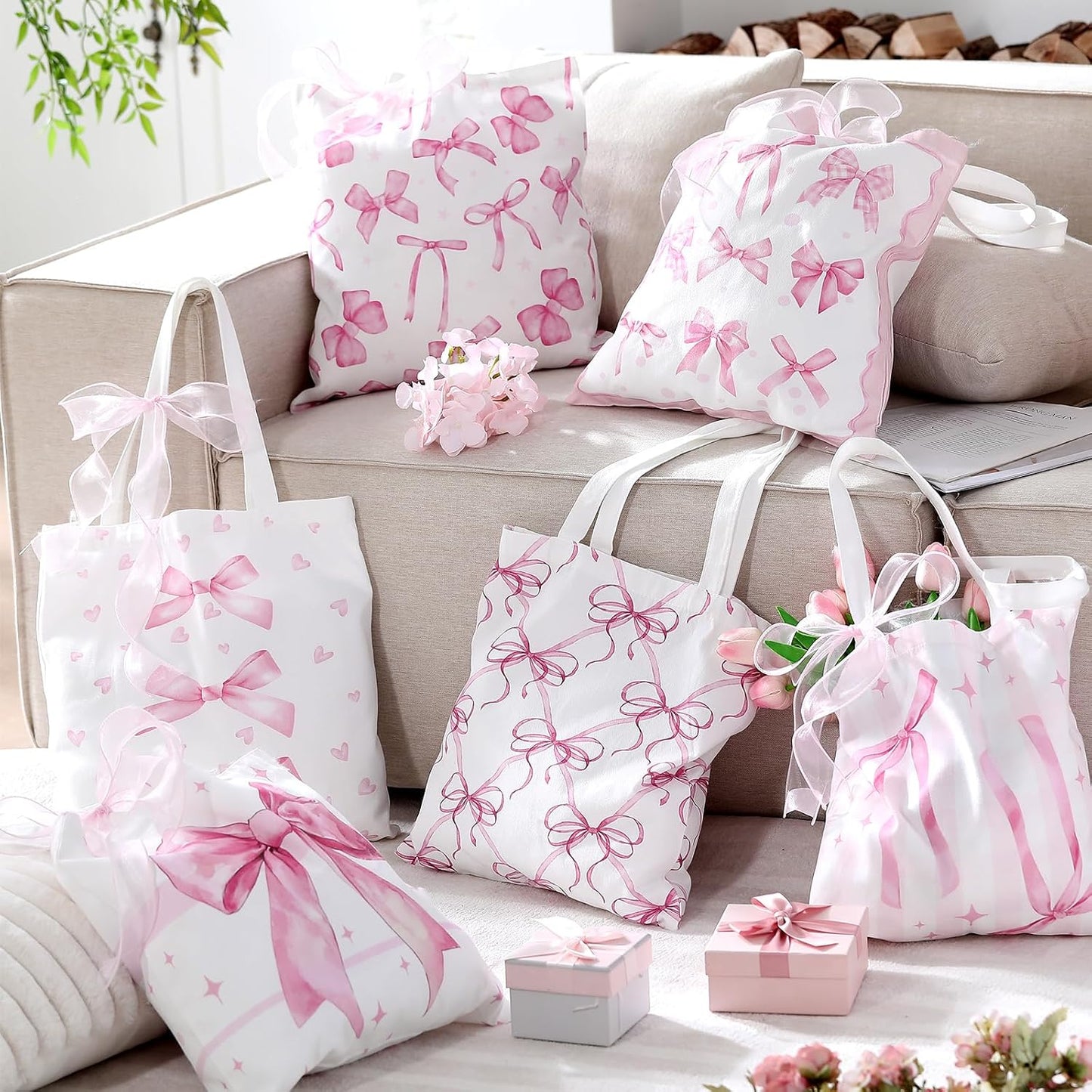 6 bolsas lona San Valentín lazo rosa regalo mujer