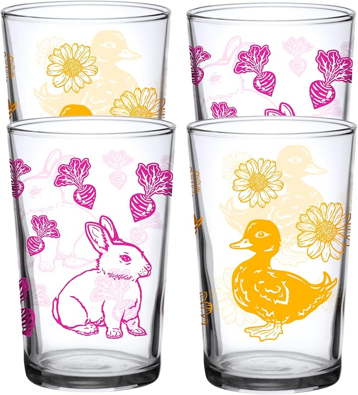 4 Vases Vidrio Vintage Ducky & Bunny 7oz para Niños