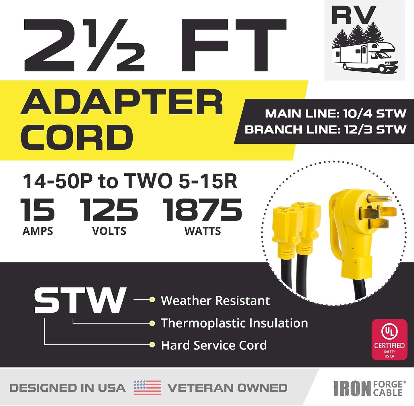 Adaptador enchufe macho a 2 hembra 5-15R 2.5pies amarillo