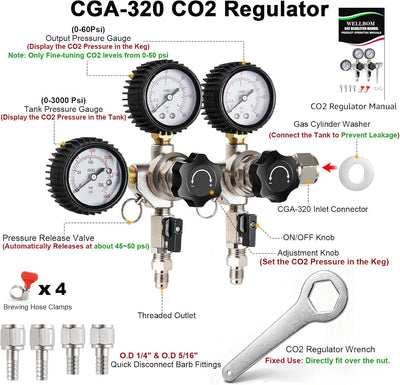 Regulador doble CO2 para kegerator con llave y manifold de 5 vías