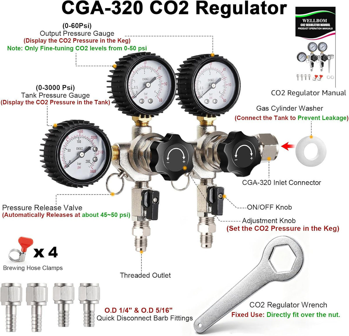 Regulador CO2 dual con llave y kit linea gas 15pies