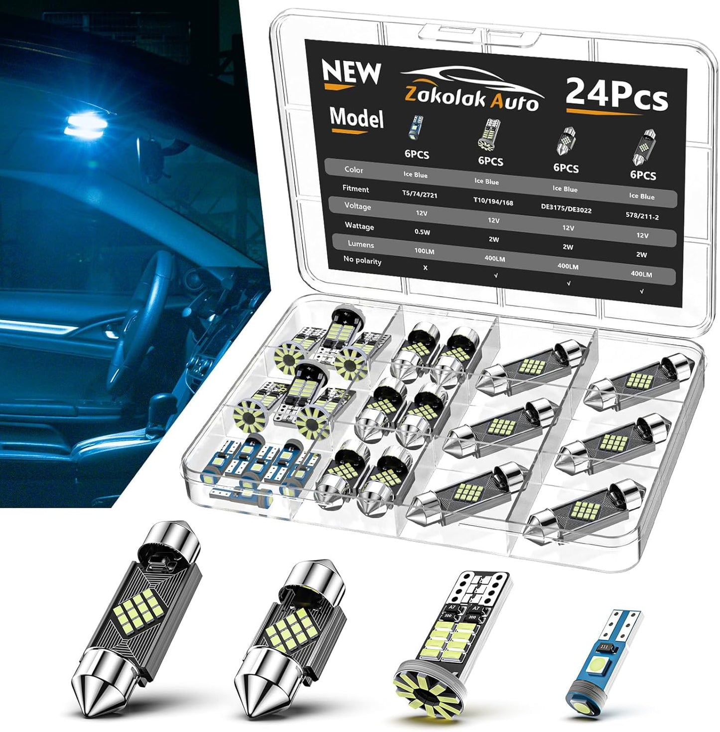 24 Pzas Luces LED Interiores Coche Kit Bombillas Brillantes