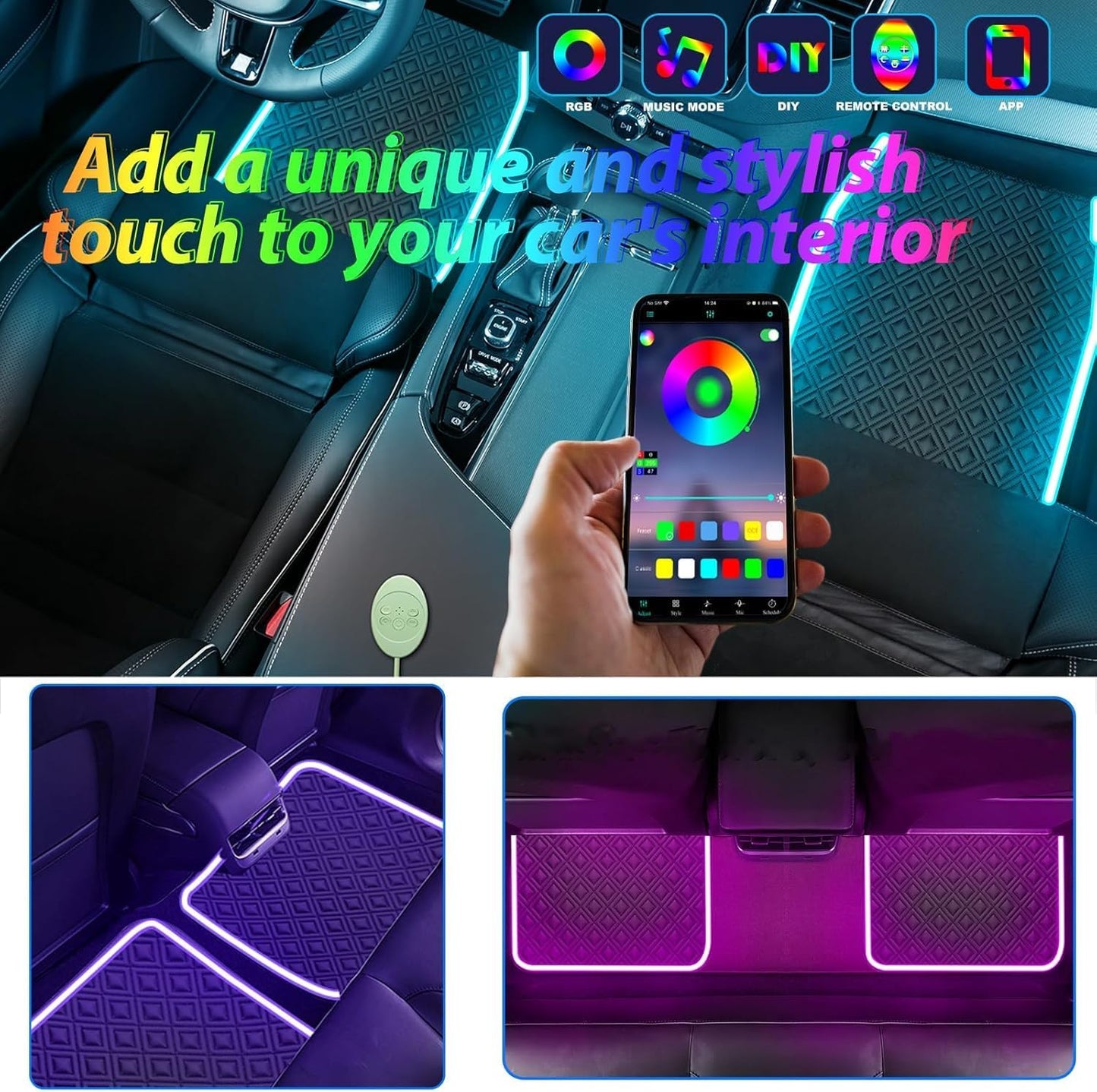 Alfombrillas coche con luz led control app cuero negro