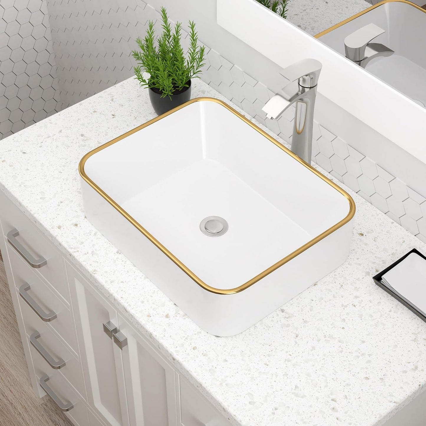 Lavabo rectangular blanco dorado porcelana sobre mostrador