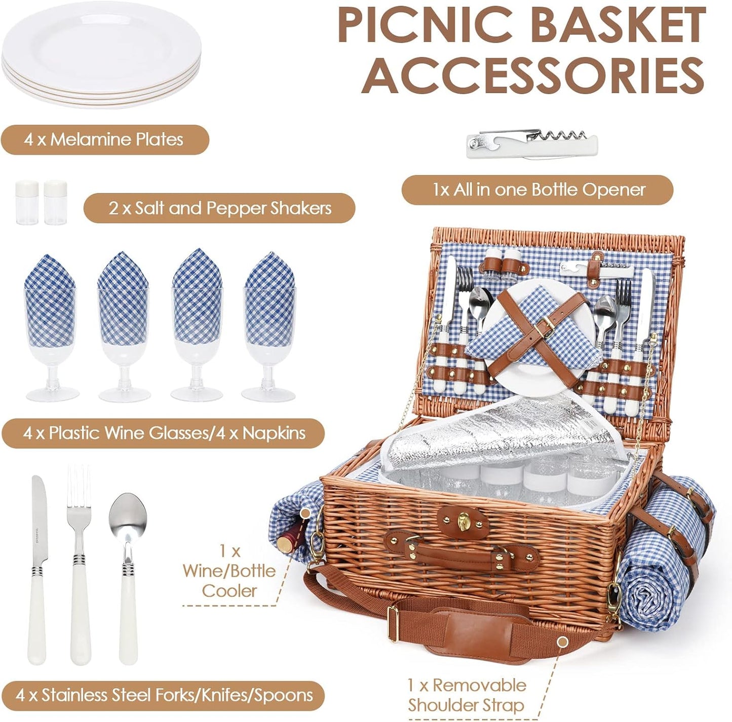 Cesta picnic sauce con manta impermeable y correa hombro